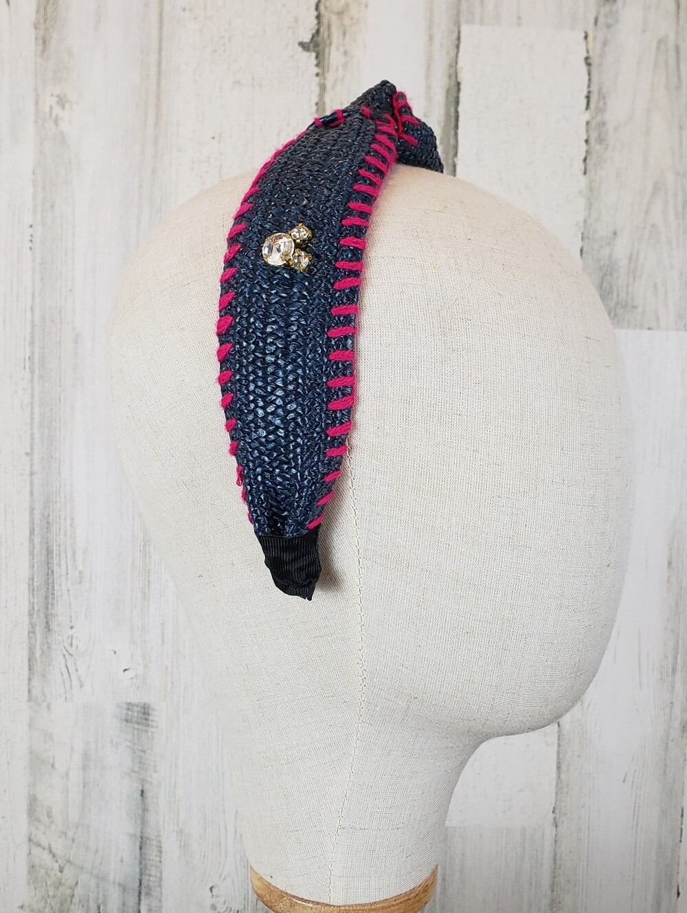 Handwoven Navy and Pink Beaded Headband
